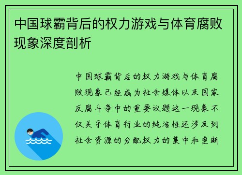 中国球霸背后的权力游戏与体育腐败现象深度剖析