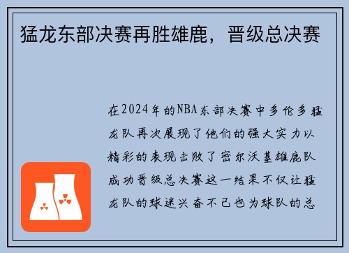 猛龙东部决赛再胜雄鹿，晋级总决赛