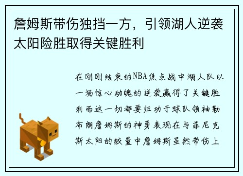 詹姆斯带伤独挡一方，引领湖人逆袭太阳险胜取得关键胜利